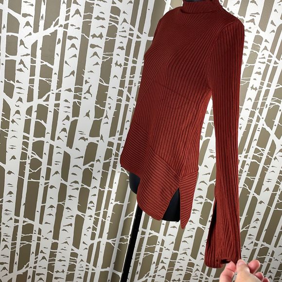 Topshop Terracotta Ribbed Knit Funnel Neck Asymmetrical Split Hem Split Bell Sle - Picture 3 of 6